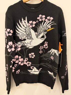 Black Crewneck Sweater with White Crane & Pink Cherry Blossom Motif